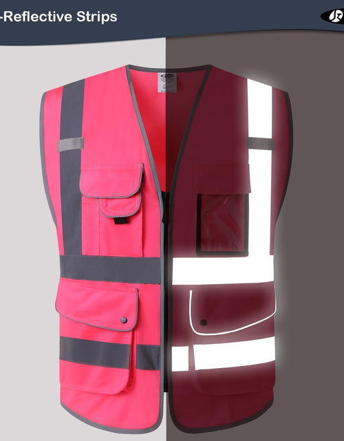 Load image into Gallery viewer, 9 Pockets Class 2 High Visibility Zipper Front Safety Vest with Reflective Strips, Meets ANSI/ISEA Standards (Large, 150-Pink)
