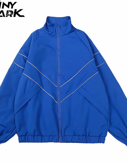 Load image into Gallery viewer, Men Hip Hop Streetwear Reflective Striped Jacket Coat Zipper up Jacket Windbreaker Harajuku Thin Jacket Sports Black Blue
