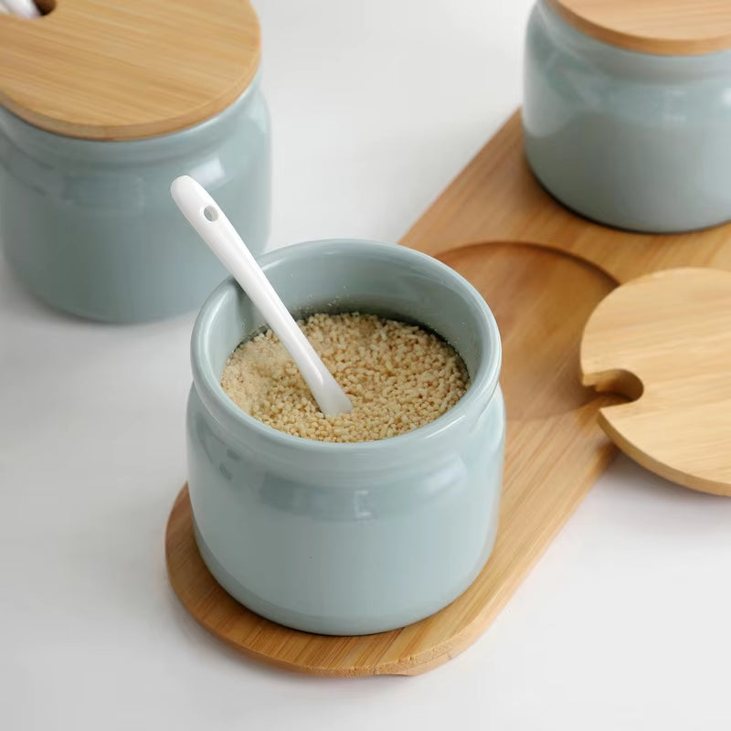 Ceramic Spice Rack Salt Shaker and Pepper Shaker Oil Bottle Set Kitchen Household Supplies for Spices Storage Jar with Cover