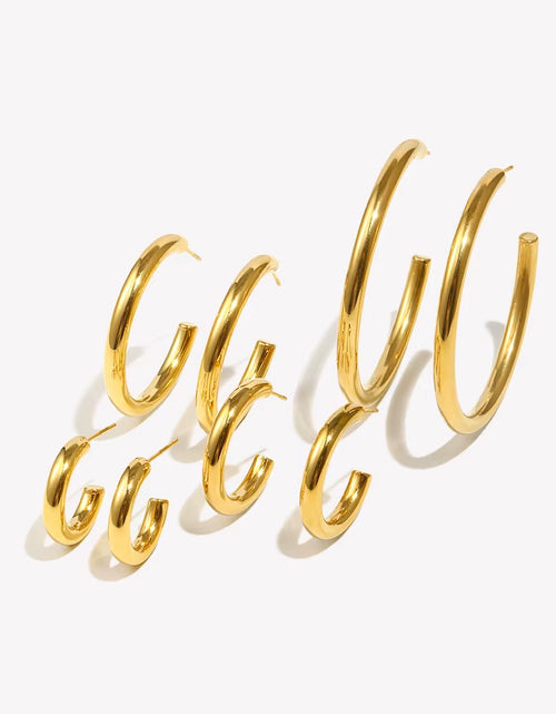 Load image into Gallery viewer, Hypoallergenic Tarnish Free Stainless Steel Hollow Tube Large Medium Small Size Gold Plated Hoop Earrings for Women
