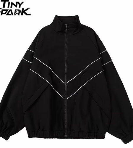 Men Hip Hop Streetwear Reflective Striped Jacket Coat Zipper up Jacket Windbreaker Harajuku Thin Jacket Sports Black Blue