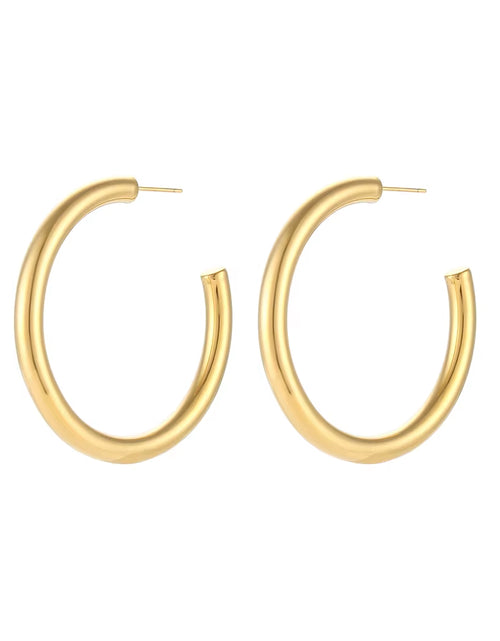 Load image into Gallery viewer, Hypoallergenic Tarnish Free Stainless Steel Hollow Tube Large Medium Small Size Gold Plated Hoop Earrings for Women
