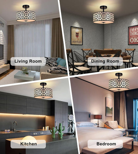 Modern Semi Flush Ceiling Light Fixture, 3-Light Bedroom Ceiling Drum Light, Entry Light Fixtures Ceiling Hanging for Dining Room, Kitchen, Hallway, Entry, Foyer, Living Room, Black Finish