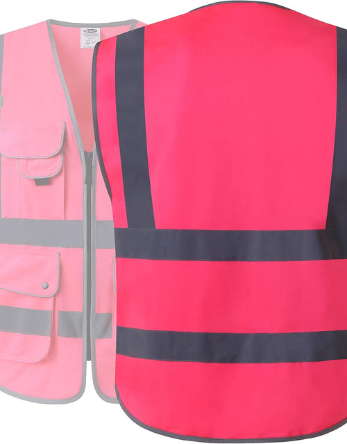 Load image into Gallery viewer, 9 Pockets Class 2 High Visibility Zipper Front Safety Vest with Reflective Strips, Meets ANSI/ISEA Standards (Large, 150-Pink)
