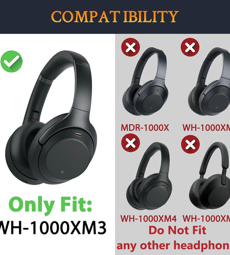 Professional Earpads Cushions Replacement for Sony WH-1000XM3 (WH1000XM3) Over-Ear Headphones, Ear Pads with Softer Protein Leather, Noise Isolation Memory Foam, Added Thickness (Black)